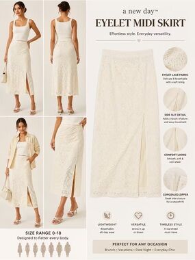 A new day Cream Eyelet Midi Skirt with Side Slit